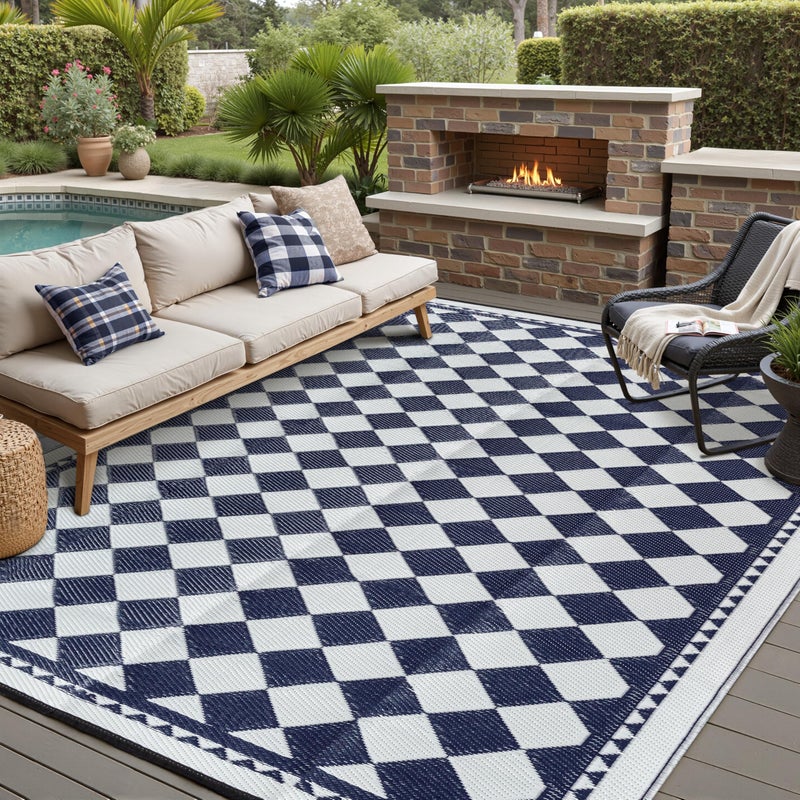 HUGEAR Outdoor Waterproof Rug 6'x9' Plastic Straw Rugs Washable Reversible Floor Mat Blue Plaid Carpet for Camping RV Deck Entryance Porch Picnic Balcony Beach Backyard - Image 1