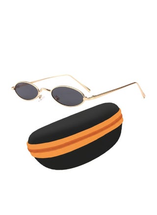 Retro Small Oval Frame Sunglasses with Case – Gold Metal Frame with Dark Grey Lenses, Vintage Fashion Eyewear - view 2