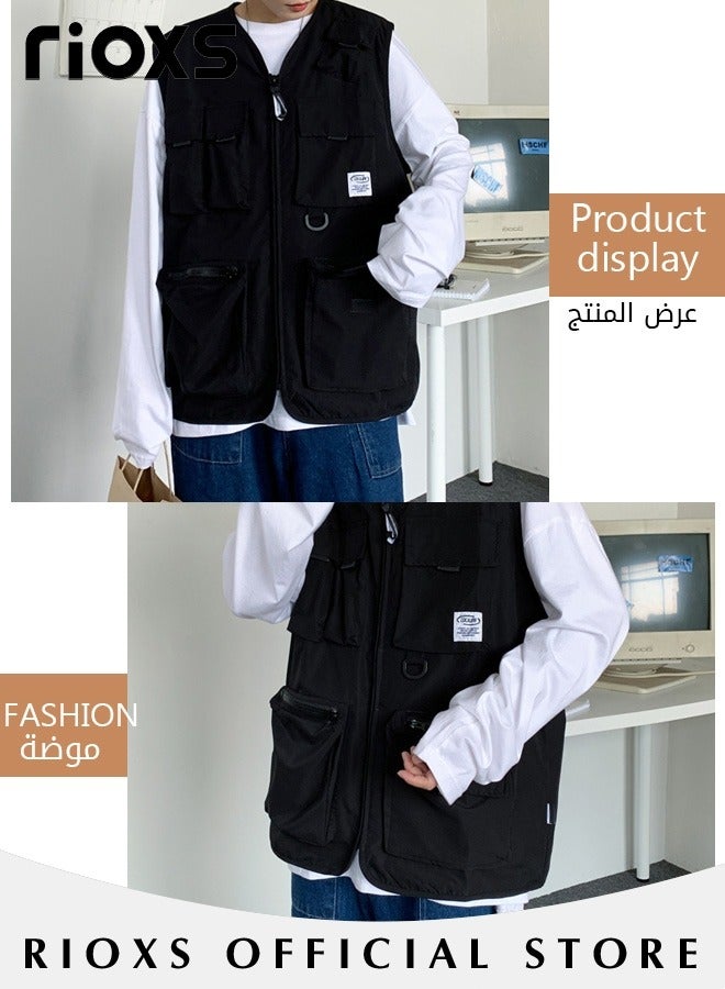RIOXS Men's Loose Cargo Utility Vest Multi Pockets Sleeveless Jacket for Fishing Travel Outdoor Activities Black Casual  - Image 5