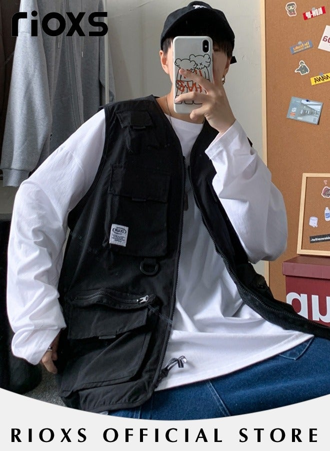 RIOXS Men's Loose Cargo Utility Vest Multi Pockets Sleeveless Jacket for Fishing Travel Outdoor Activities Black Casual  - Image 4