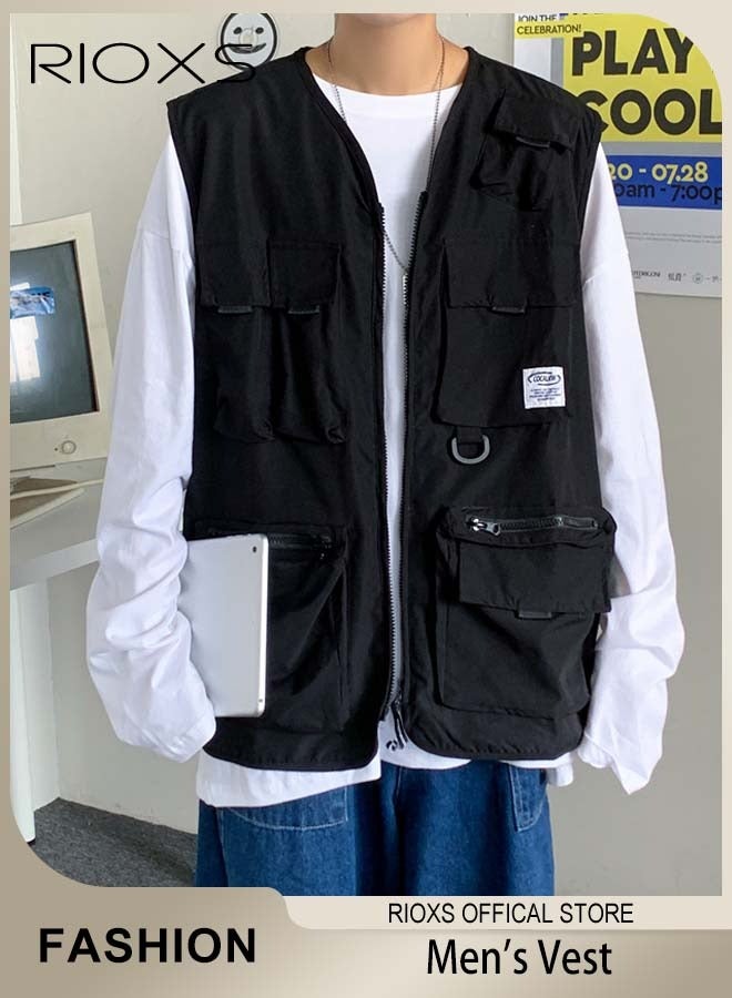 RIOXS Men's Loose Cargo Utility Vest Multi Pockets Sleeveless Jacket for Fishing Travel Outdoor Activities Black Casual  - Image 1