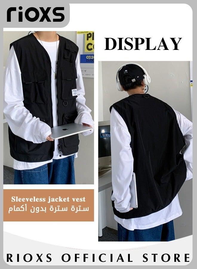 RIOXS Men's Loose Cargo Utility Vest Multi Pockets Sleeveless Jacket for Fishing Travel Outdoor Activities Black Casual  - Image 2