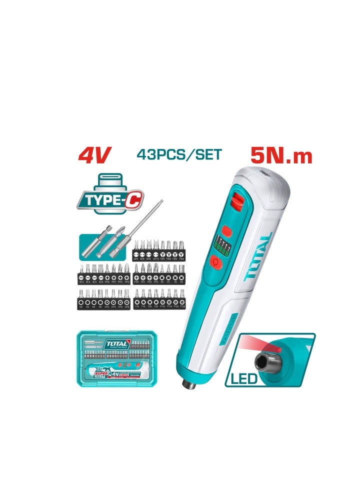 TOTAL 4V Screwdriver, 5 Nm Torque, 43 Pieces - TSDLI04062 - Total