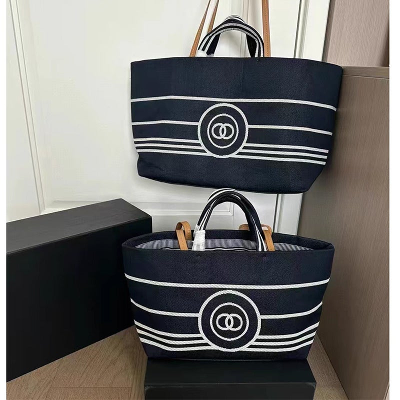 Navy Blue Denim Tote Bag Striped Beach Bag - Image 2