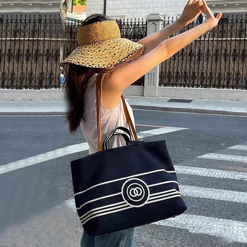 Navy Blue Denim Tote Bag Striped Beach Bag - Image 1