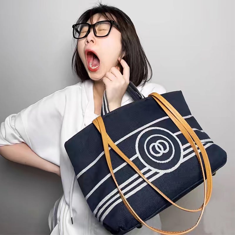 Navy Blue Denim Tote Bag Striped Beach Bag - Image 3