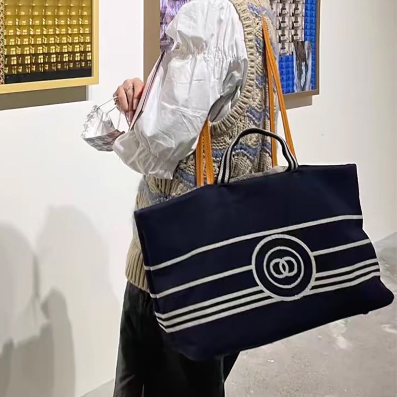 Navy Blue Denim Tote Bag Striped Beach Bag - Image 4