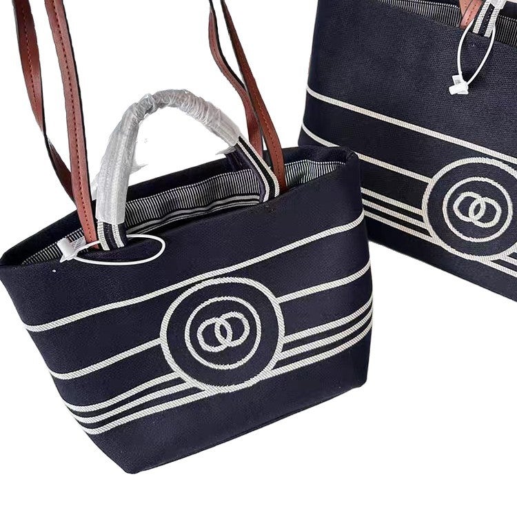 Navy Blue Denim Tote Bag Striped Beach Bag - Image 5