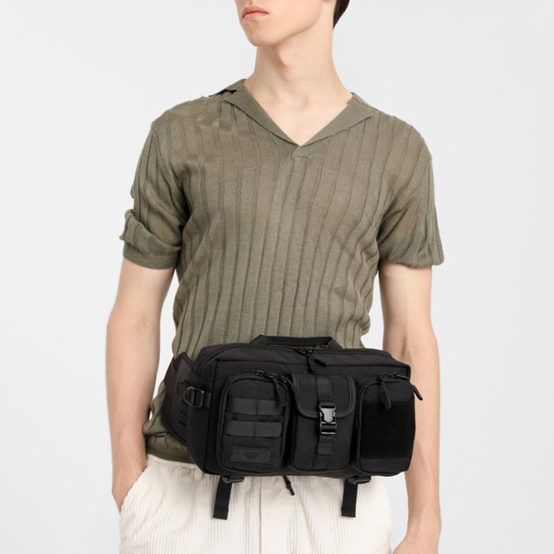 OZUKO Waist Bag: Black Splash-proof Scratch-resistant Fabric, 9.7 Inch Capacity, Reasonable Space Design - Breathable Honeycomb Back, Cross-body Bag for Men - Image 5