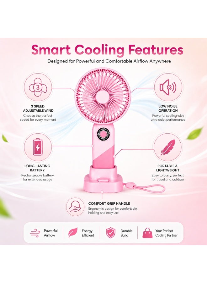 CHEEMAISTIC Portable Mini Handheld Fan - USB Rechargeable Table or Desk Fan with Stand, 3 Speed Silent Cooling Fan for Travel, Outdoor Camping, Office, Home Makeup Compact Battery Operated Fan - Multicolour - Image 2
