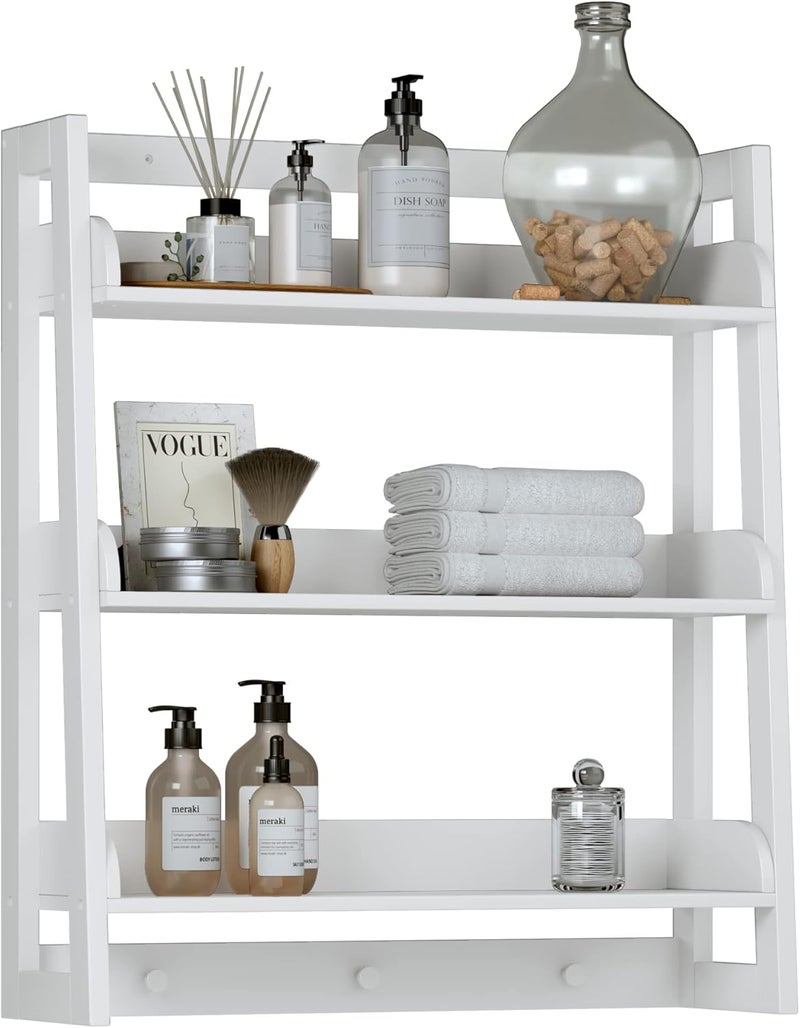 U-tex Bathroom Wall Shelf, Over Toilet Storage Shelf Organizer, 3-Tier Wall Mount Shelf Rack with Hook, White - Image 1