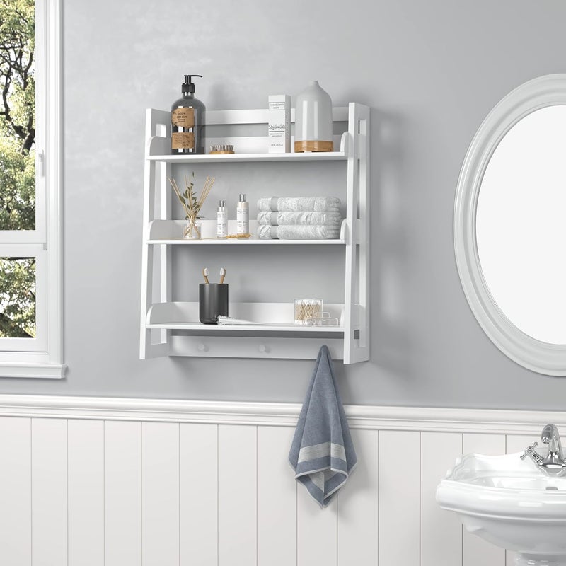 U-tex Bathroom Wall Shelf, Over Toilet Storage Shelf Organizer, 3-Tier Wall Mount Shelf Rack with Hook, White - Image 2