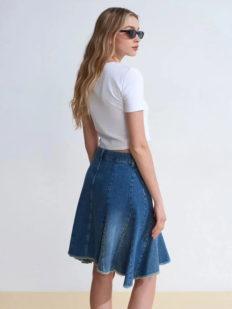 ديلفين Dilvin High-Waist Midi A-Line Denim Skirt
