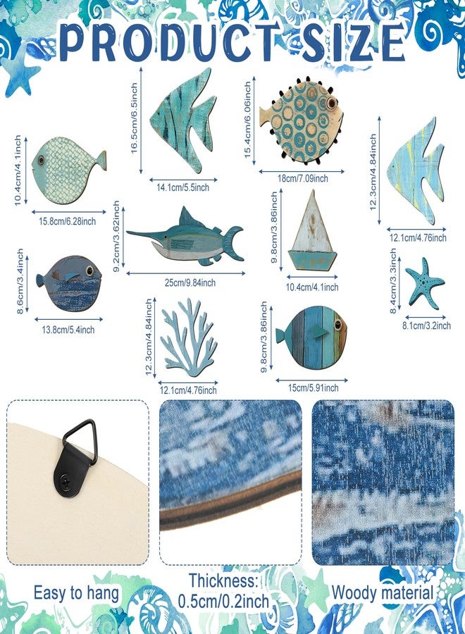 Yuntau 10 Pcs Fish Wall Decor Wooden Fish Wall Hanging Decor Beach Wall Decor Wood School of Fish Wall Art Nautical Theme Bathroom Decor Coastal Ocean Home Wall Decor, Not 3D Pattern(Cute) - Image 2