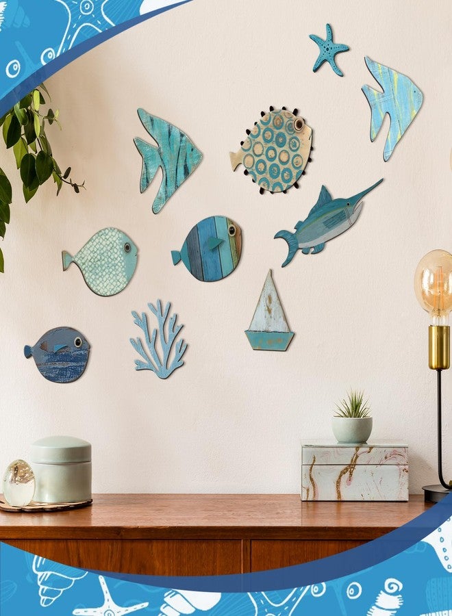 Yuntau 10 Pcs Fish Wall Decor Wooden Fish Wall Hanging Decor Beach Wall Decor Wood School of Fish Wall Art Nautical Theme Bathroom Decor Coastal Ocean Home Wall Decor, Not 3D Pattern(Cute) - Image 3