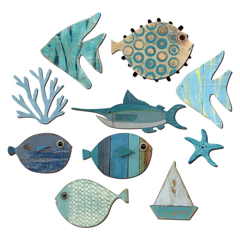 Yuntau 10 Pcs Fish Wall Decor Wooden Fish Wall Hanging Decor Beach Wall Decor Wood School of Fish Wall Art Nautical Theme Bathroom Decor Coastal Ocean Home Wall Decor, Not 3D Pattern(Cute) - Image 1