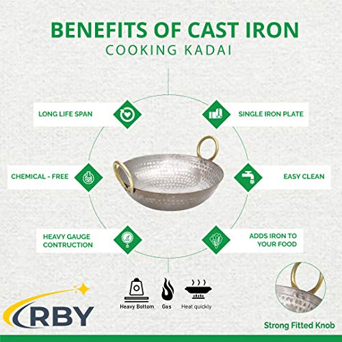 RBY 1 Litre (9 Inch / 23 CM) Hammered Food Grade Iron Kadai Lohe Ki Kadhai for Frying Cooking Heavy Base Smooth Edge Metal Spoon Friendly Deep Frying Pan Riveted Handle Gas & Induction Compatible - Image 5