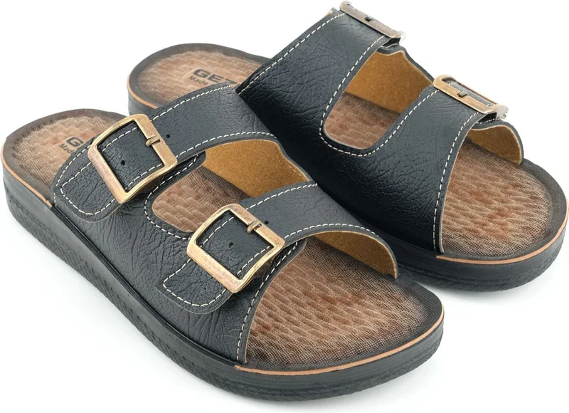 Gezer Summer Men's Artificial Leather Two Buckle Adjustable Comfortable Sole Daily Slippers