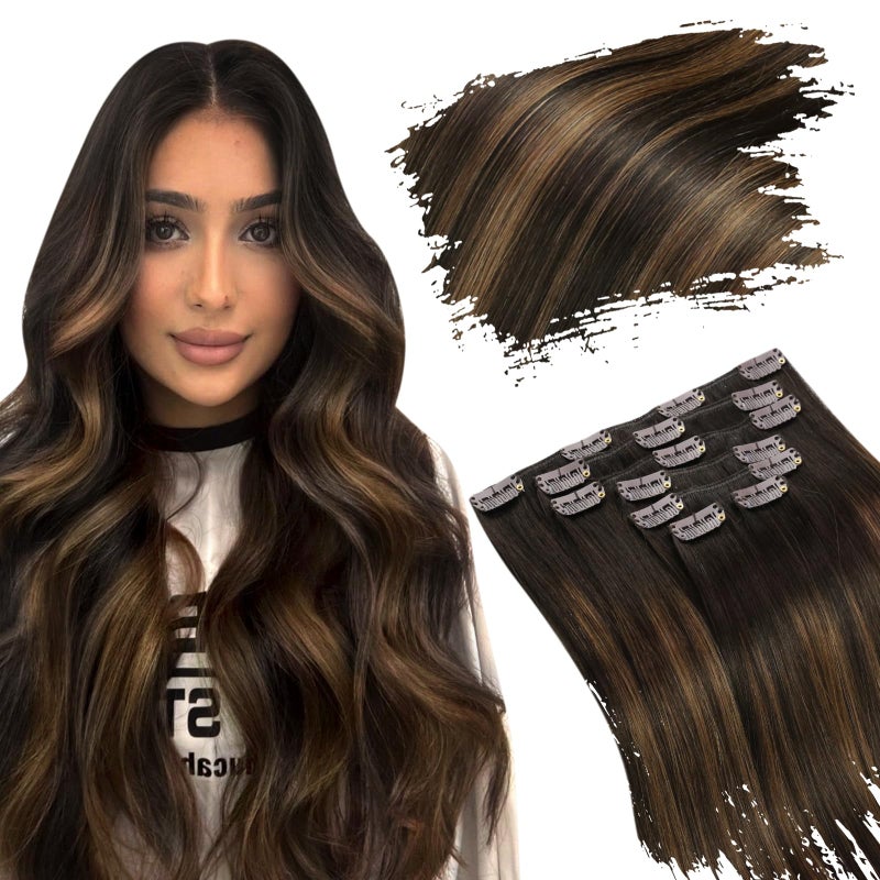 Ugeat Clip in Extensions Real Human Hair 18 Inch Dark Brown Human Hair Extensions Clip ins Balayage Hair Extensions Clip ins Medium Brown Ombre 7Pcs 120G 2/6/2 - Image 1
