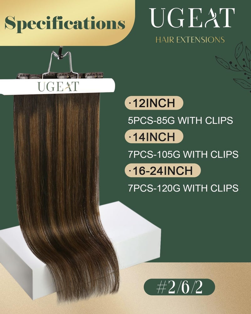 Ugeat Clip in Extensions Real Human Hair 18 Inch Dark Brown Human Hair Extensions Clip ins Balayage Hair Extensions Clip ins Medium Brown Ombre 7Pcs 120G 2/6/2 - Image 2
