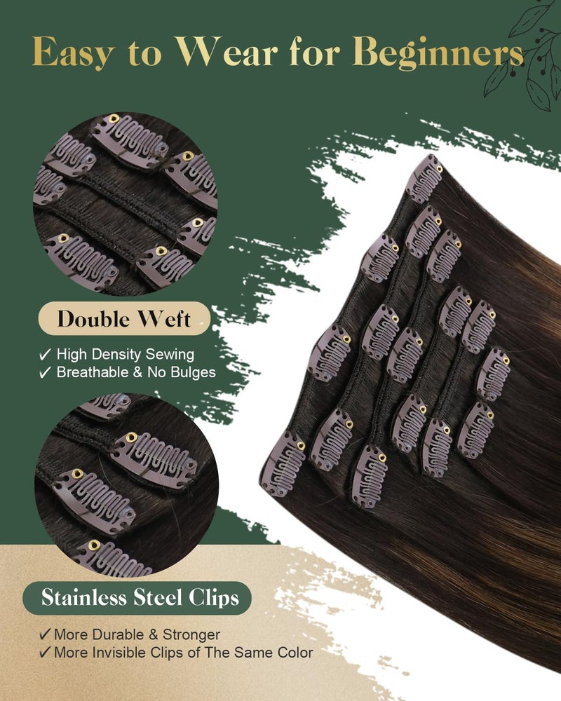 Ugeat Clip in Extensions Real Human Hair 18 Inch Dark Brown Human Hair Extensions Clip ins Balayage Hair Extensions Clip ins Medium Brown Ombre 7Pcs 120G 2/6/2 - Image 3