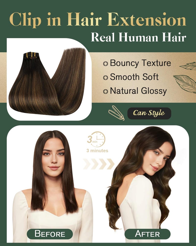 Ugeat Clip in Extensions Real Human Hair 18 Inch Dark Brown Human Hair Extensions Clip ins Balayage Hair Extensions Clip ins Medium Brown Ombre 7Pcs 120G 2/6/2 - Image 4