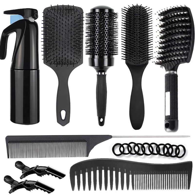 Aozzy 9Pcs Curly Hair Brush Set Hair Brushes for Women Round Brush for Blow Drying Paddle Brush Fit for Detangling Wet Long Thick Hair Spray Bottle for Curly Wavy Hair Family Daily CareBlack