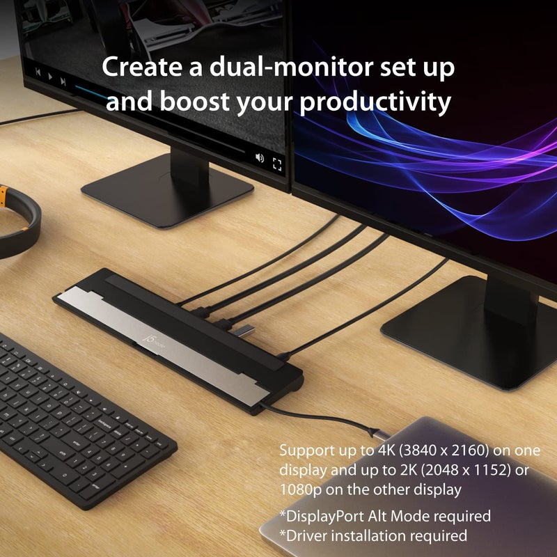 j5create USB-C Dual HDMI Docking Station (10-in-1), 4K + 1080p Dual HDMI Display, 5Gbps USB-A x3, SD Card Reader, PD 100W, RJ45 Ethernet, Combo Audio Jack, for MacBook and Windows Laptop (JCD542) - Image 3