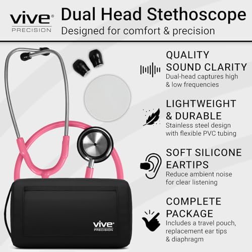Vive Precision Dualhead Stethoscope - Dual Head Diaphragm Bell for Nurses, ER, Cardiology, Veterinary, Fetal Pediatrics Blood Pressure Kit - Double Barrel Chestpiece Device For Doctors, Students - Image 2