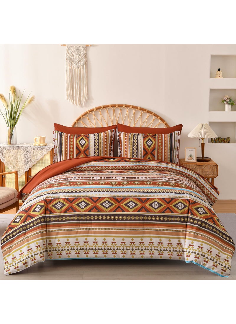 Dinjoy Burn Orange/Terracotta Comforter Set King  Boho Bed in A Bag King Size 7 Piece Aztec Striped Bedding Set Fall Comforters Bed for Women Men Winter (90""?104"")  - Image 1