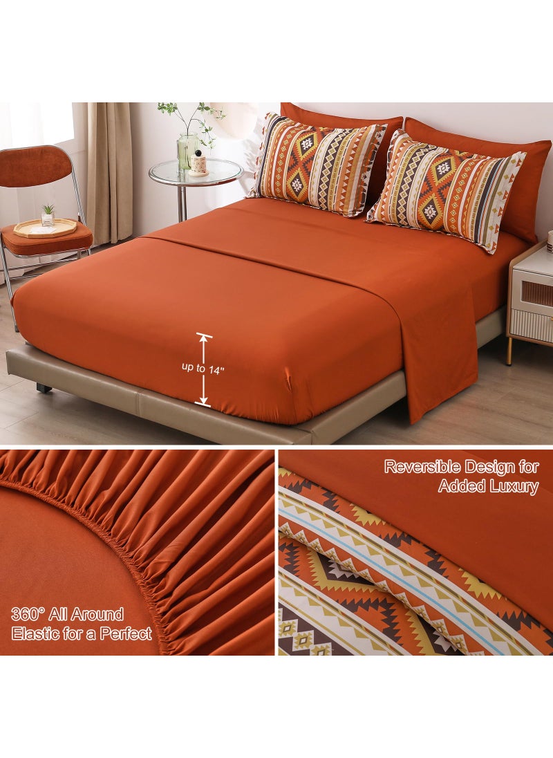 Dinjoy Burn Orange/Terracotta Comforter Set King  Boho Bed in A Bag King Size 7 Piece Aztec Striped Bedding Set Fall Comforters Bed for Women Men Winter (90""?104"")  - Image 3