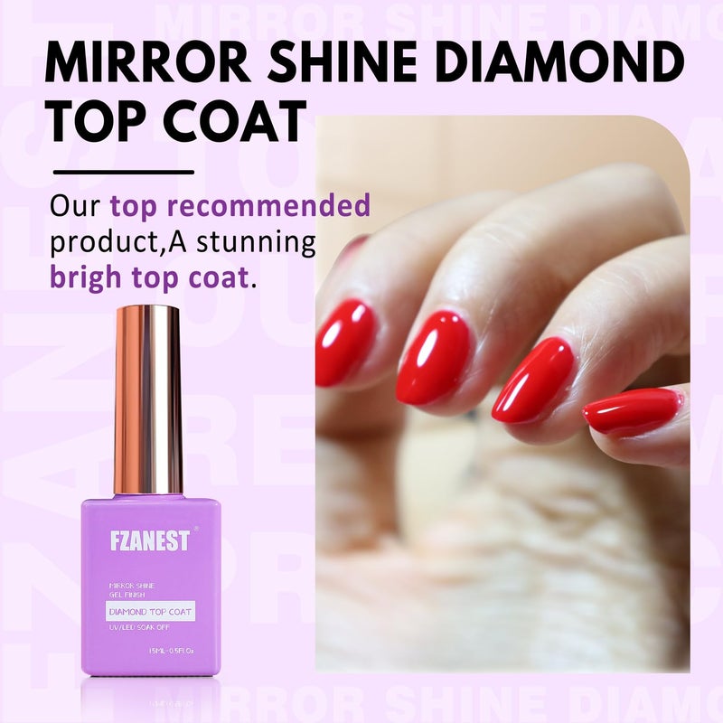 FZANEST Gel Top Coat Diamond- 15ml No Wipe Top Coat Gel Nail Polish High Gloss Mirror Shine Soak Off UV LED Clear Finish Chrome Top Long Lasting - Image 2