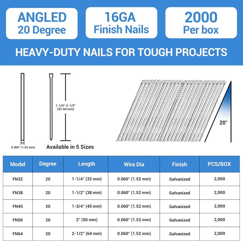 Meite 16 Gauge Angled Finish Nails 2-Inch 20-Degree Galvanized Finishing Nails for Electric or Pneumatic Nailer Guns - Perfect for Window Trim, Cabinet Building and Other DIY Projects (2,000 PCS) - Image 2
