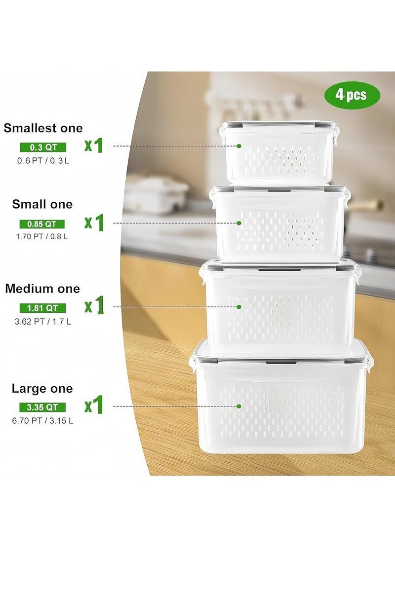 KOOKNA Plastic Food Containers Set 4PCS, Fridge Fruit and Vegetable Storage Containers with Removable Drain Basket and Lids, Airtight Plastic Produce Saver Boxes - Image 2