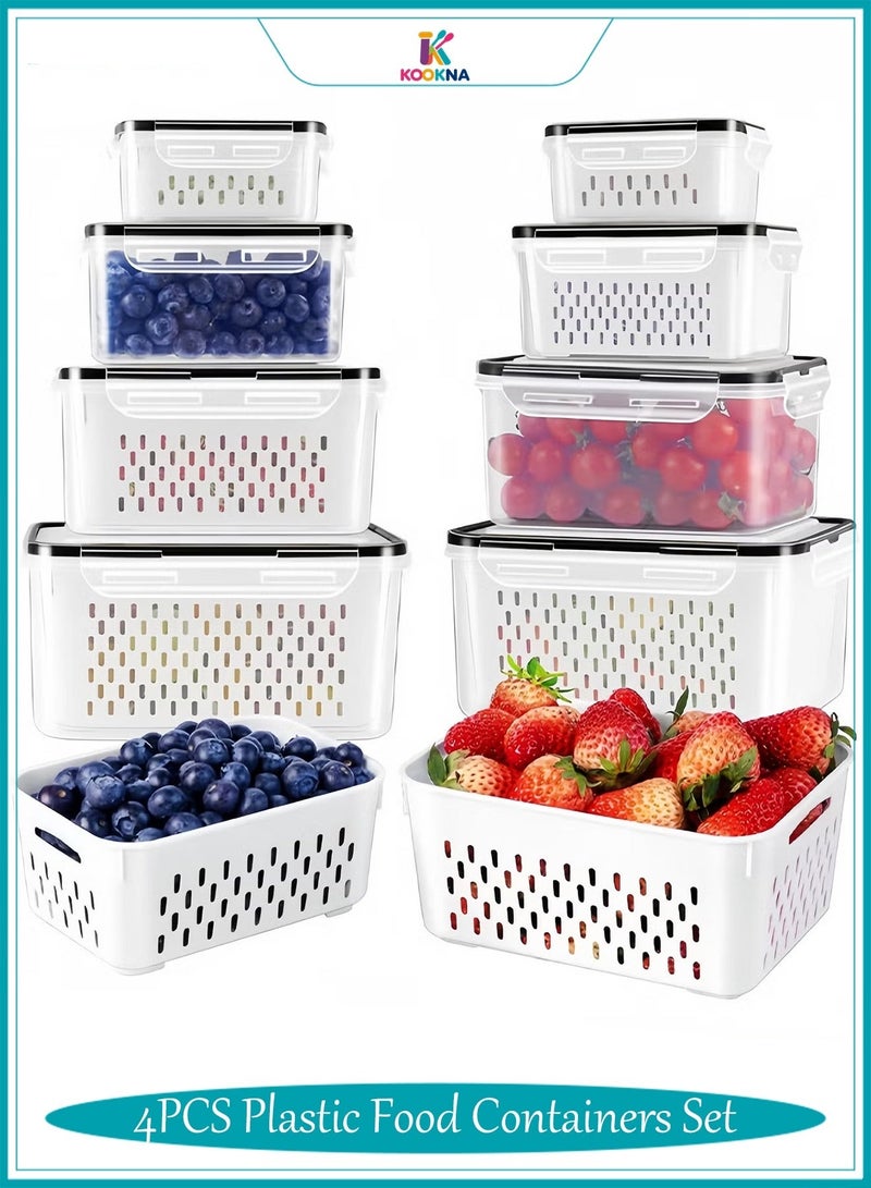 KOOKNA Plastic Food Containers Set 4PCS, Fridge Fruit and Vegetable Storage Containers with Removable Drain Basket and Lids, Airtight Plastic Produce Saver Boxes - Image 1