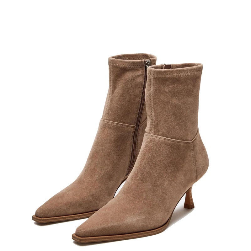 Atsroel Women's Brown Suede Fall Boots with Side Zip, Ankle, Pointed Toe, Mid Calf, Kitten Heel, Dressy, Short - Image 1