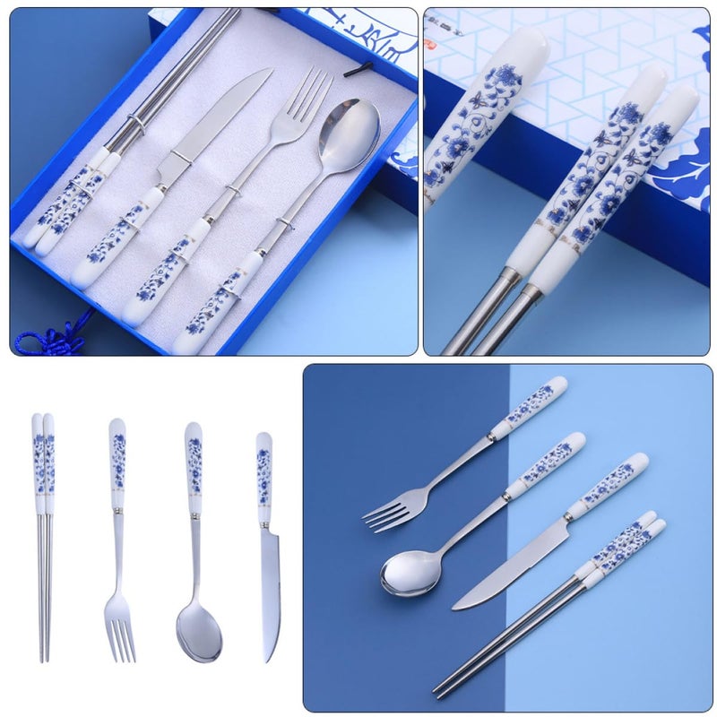 Blue and White Porcelain Flatware Set 4 Piece with Knife Fork Spoon Chopsticks for Home Dining - Image 4