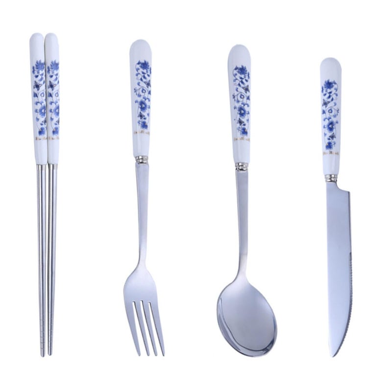 Blue and White Porcelain Flatware Set 4 Piece with Knife Fork Spoon Chopsticks for Home Dining - Image 2