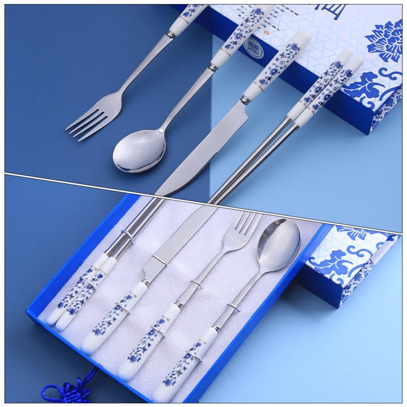 Blue and White Porcelain Flatware Set 4 Piece with Knife Fork Spoon Chopsticks for Home Dining - Image 5