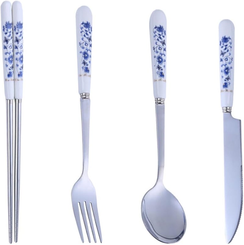 Blue and White Porcelain Flatware Set 4 Piece with Knife Fork Spoon Chopsticks for Home Dining - Image 1