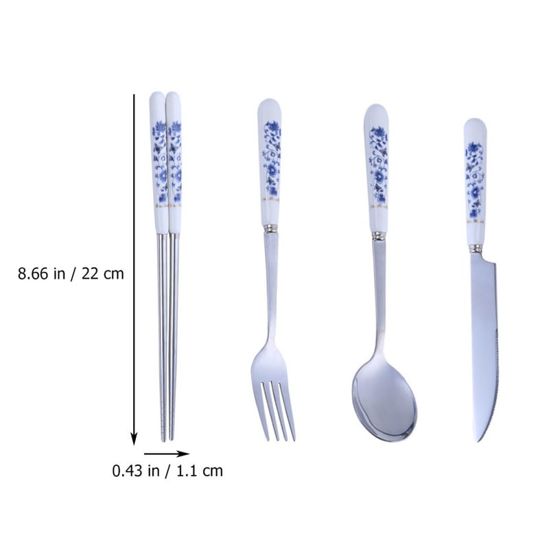 Blue and White Porcelain Flatware Set 4 Piece with Knife Fork Spoon Chopsticks for Home Dining - Image 3