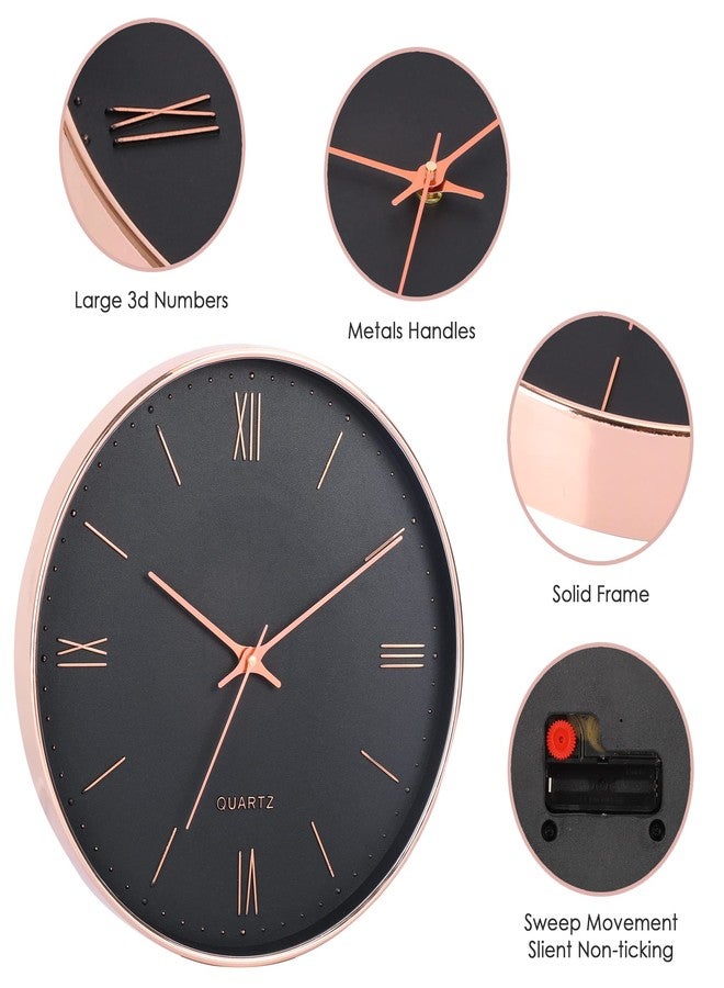 De'rons De’rons 12 Inches Non Ticking Silent Quartz Round Designer Plastic Wall Clock for Home Kitchen Bedroom Hall Living Room Office (DC-105RRF-Black) - Image 1