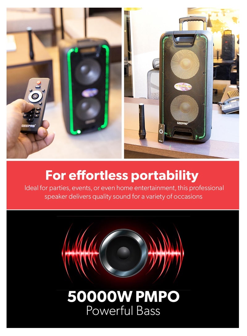 GEEPAS Portable And Rechargeable Professional Speaker- 10 Inch- Wireless Microphones, Battery Rechargeable | 50000 PMPO | Portable Woofer With Trolley Handle Black - Image 5