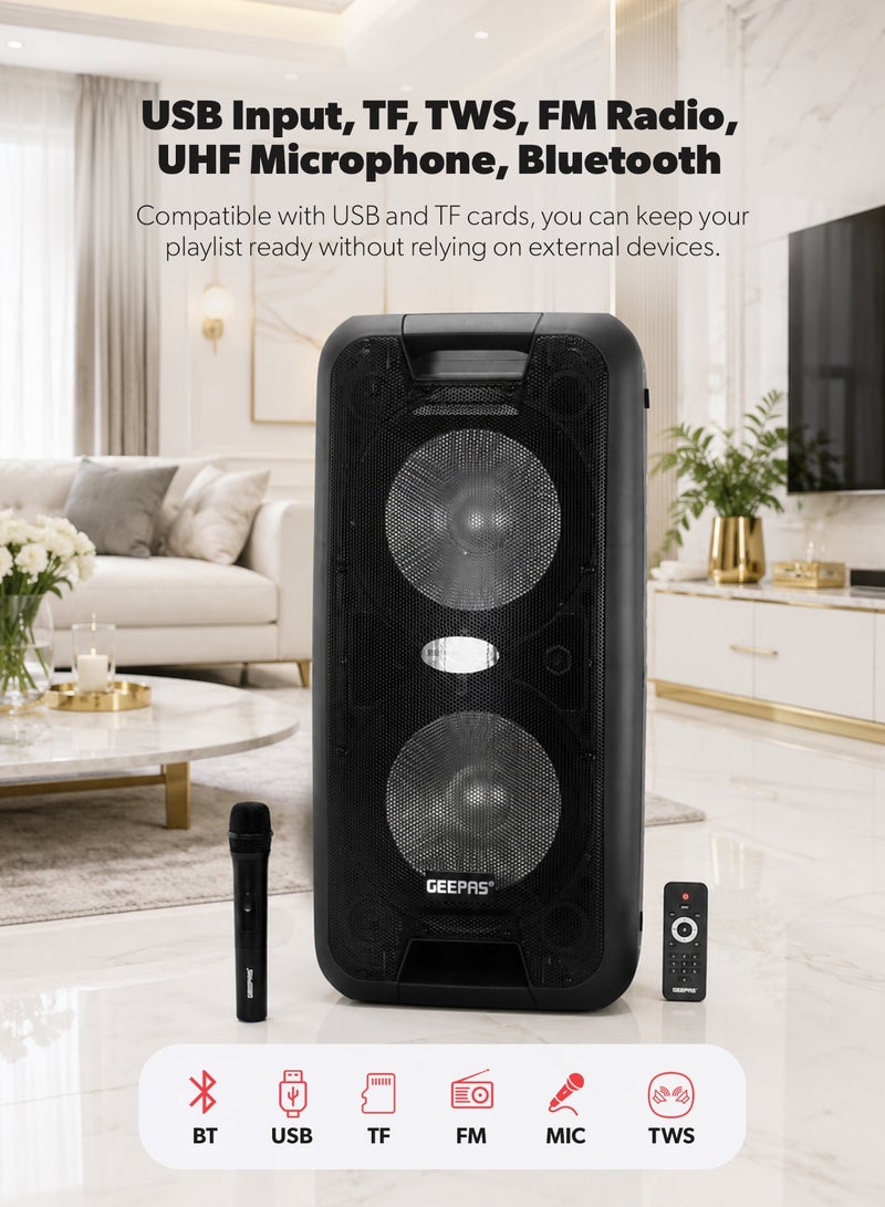 GEEPAS Portable And Rechargeable Professional Speaker- 10 Inch- Wireless Microphones, Battery Rechargeable | 50000 PMPO | Portable Woofer With Trolley Handle Black - Image 3