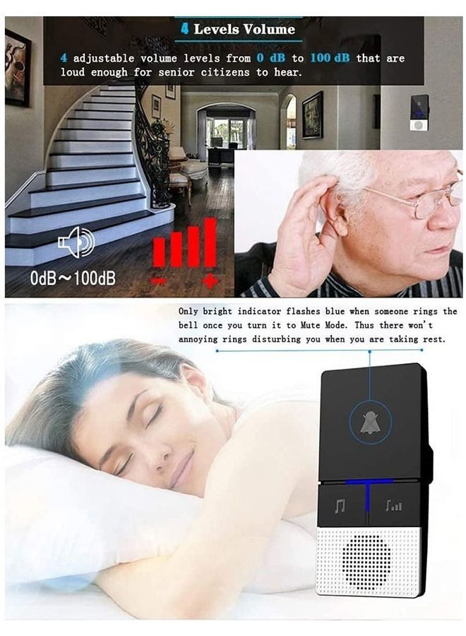 Wireless DoorBell No Battery Required Waterproof Door Bell Chime Kit 650ft Operating Range 4 Levels Volume 32 Melodies 1 Self-Powered Push Button and 1 Plug-in Receiver