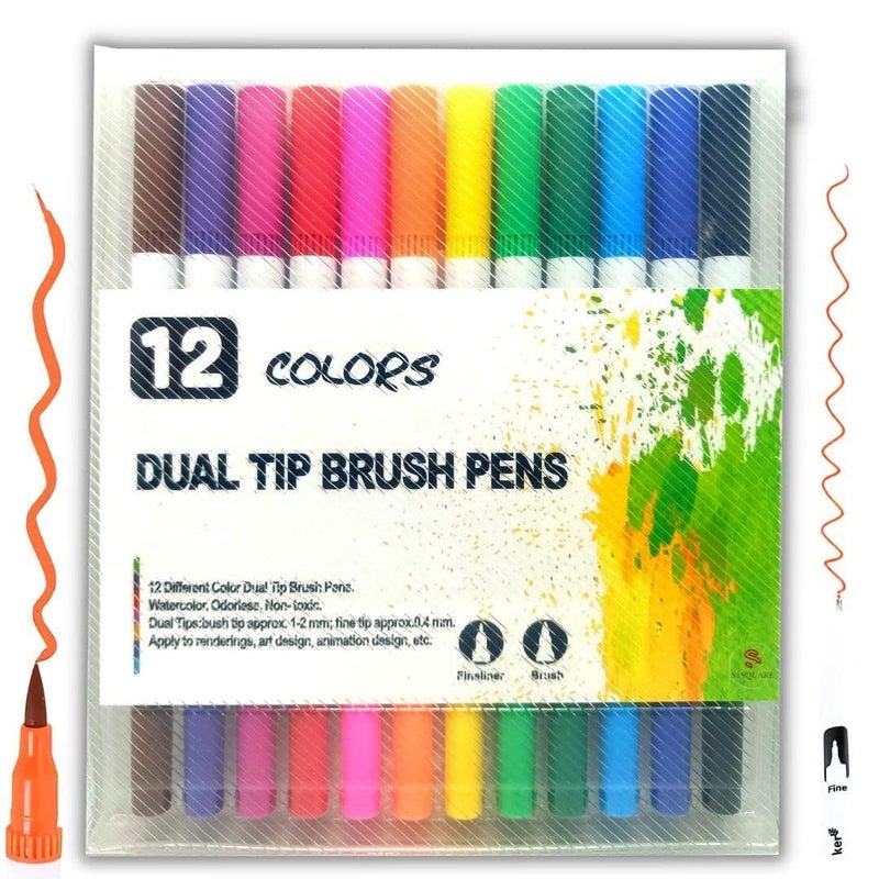 Generic Dual Tip Watercolour Brush Marker Set, Fine Liner & Flexible Brush Pens for Art & Calligraphy, pack of 12  - Image 1