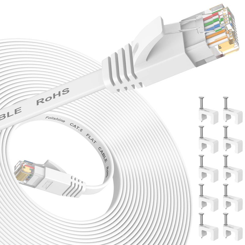 Folishine Cat6 Ethernet Cable 20 ft, Flat Design High Speed with Network Patch Cords, LAN Cable Clips&Rj45 Connector for Router Modem Faster Than Cat 5e/Cat 5-White - Image 1