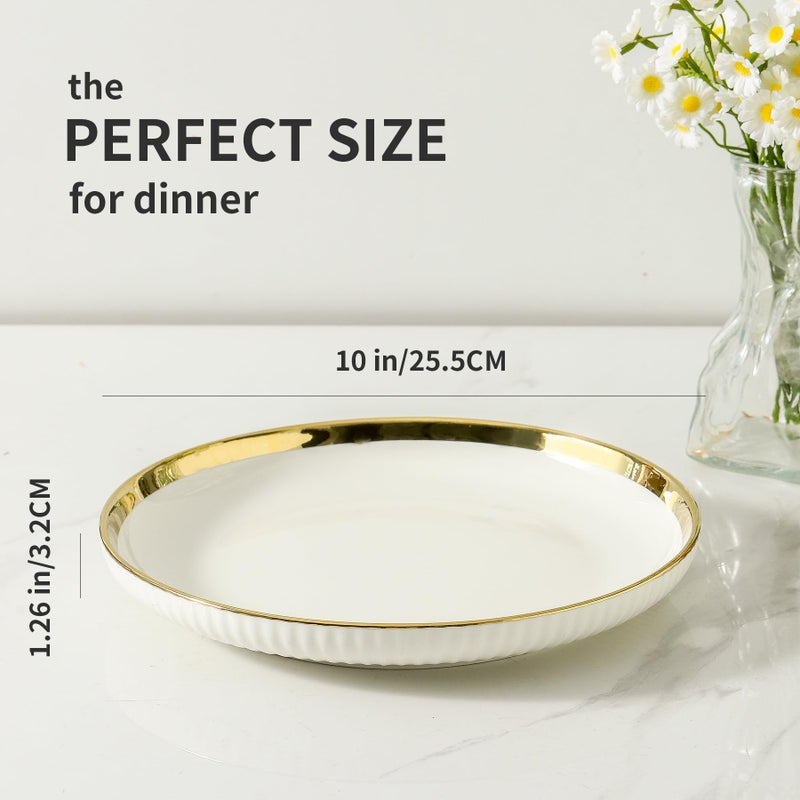LETAOTAO Dinner Plates, Ceramic dinner Plate Set of 4, 10 inch White Serving Plates with gold trim, Stripe Texture Back, Large Pasta and Salad Plates, Dishes Set with Lipped Edges for Kitchen - Image 2