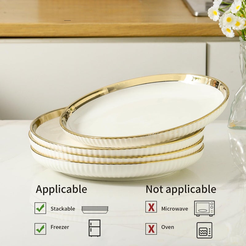 LETAOTAO Dinner Plates, Ceramic dinner Plate Set of 4, 10 inch White Serving Plates with gold trim, Stripe Texture Back, Large Pasta and Salad Plates, Dishes Set with Lipped Edges for Kitchen - Image 3