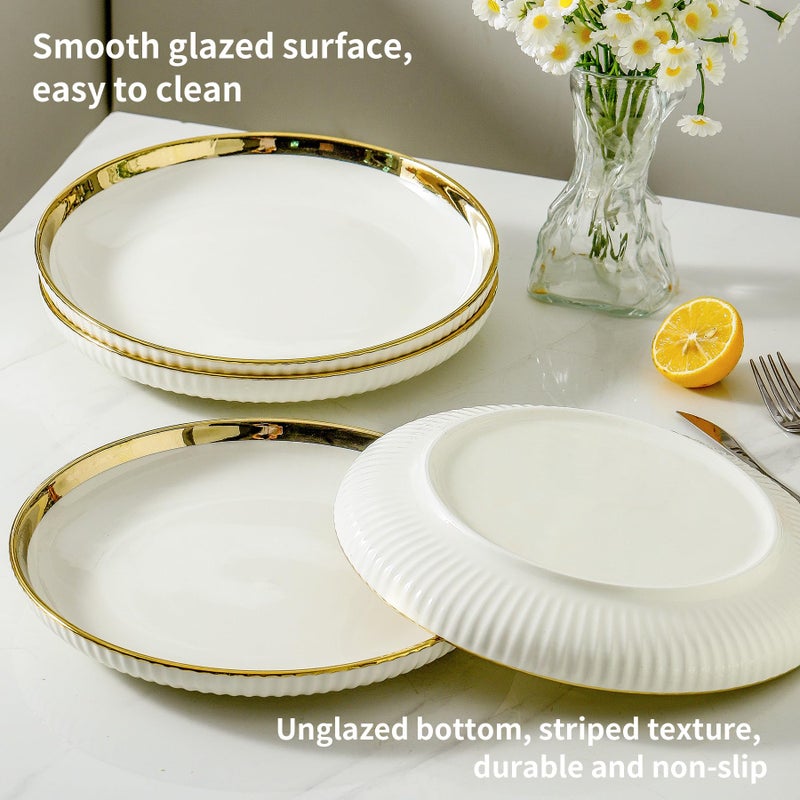 LETAOTAO Dinner Plates, Ceramic dinner Plate Set of 4, 10 inch White Serving Plates with gold trim, Stripe Texture Back, Large Pasta and Salad Plates, Dishes Set with Lipped Edges for Kitchen - Image 4
